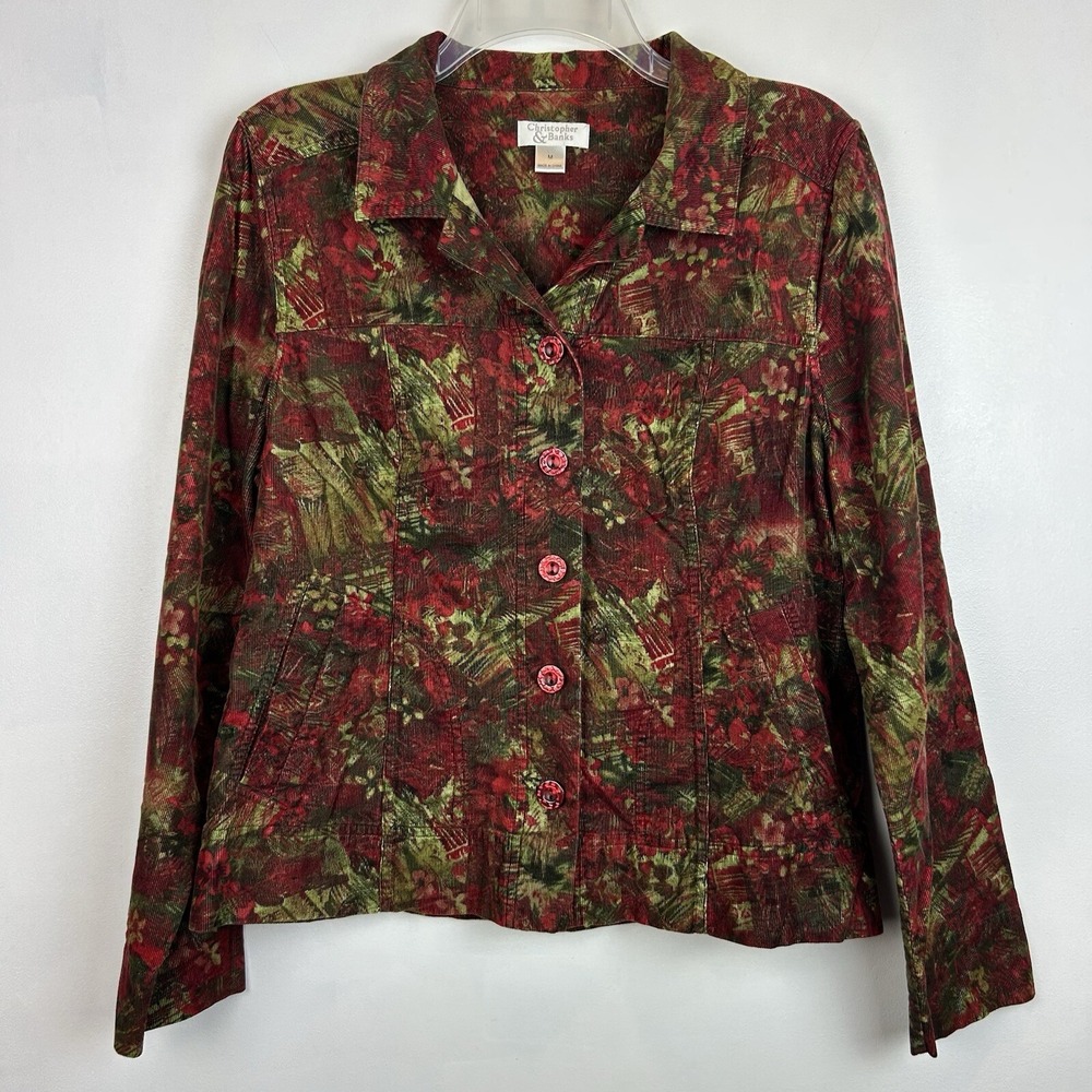 Christopher Banks Top Women M Floral Corduroy Art to Wear Button All Over Print